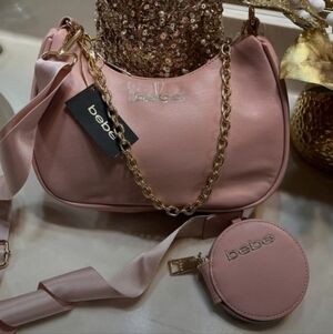 bebe Blush Pink Shoulder Bag with Gold Chain & Coin Pouch